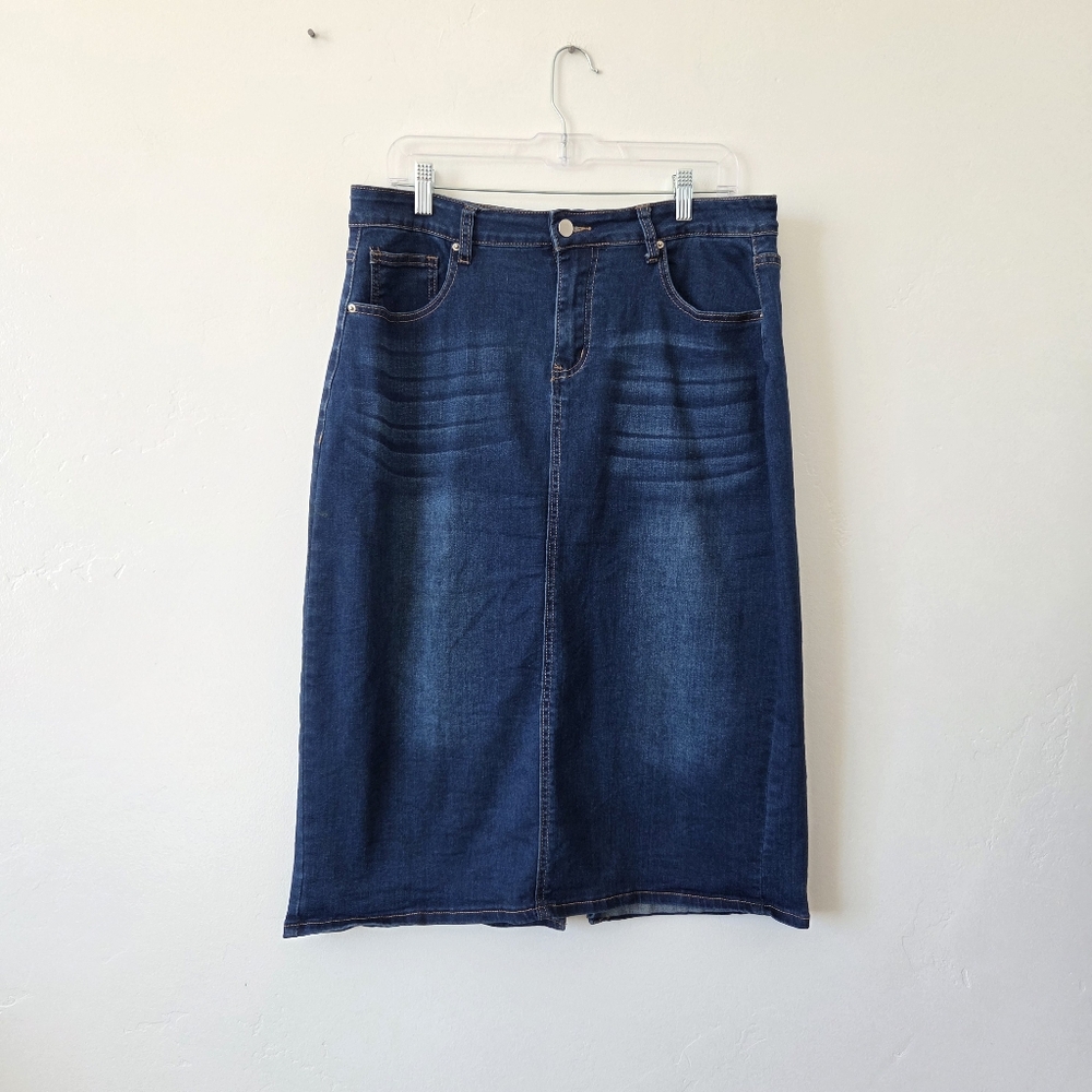 Guanny Denim Jean Midi Skirt Straight Stretchy Back Slit Rockabilly Americana XL